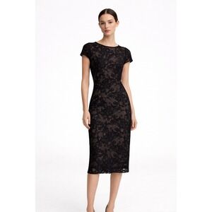 Mango MNG Suit Black Floral Lace Sheath Dress Nude Lining Cap Sleeve Small